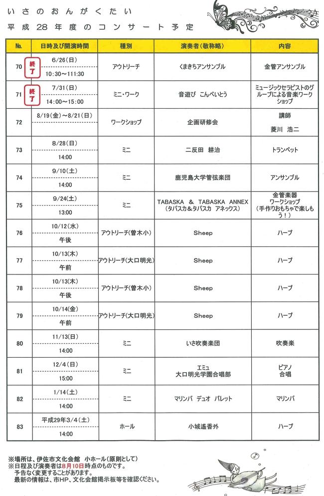 平成28年度「いさのおんがくたい」年間プログラム（８月１０日更新）