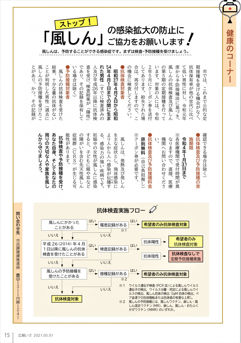 風しんの抗体検査及び風しんの第５期の定期接種を実施しています