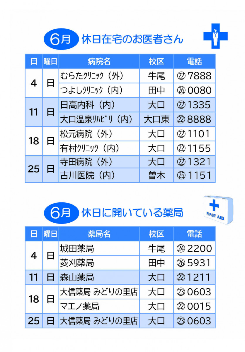 ６月　 休日当番医・薬局