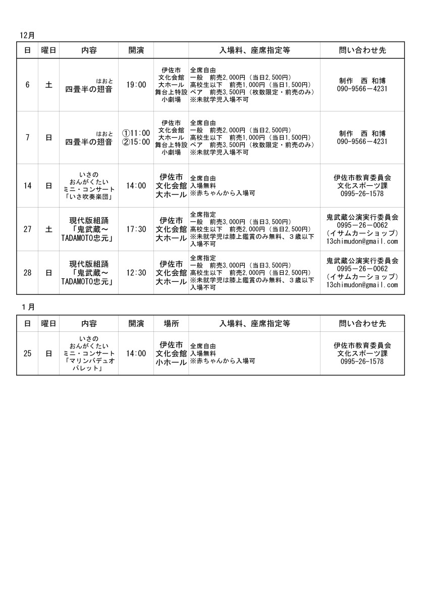伊佐市文化会館主な催物予定(文化芸術団体・教育機関12月1日~1月31日)